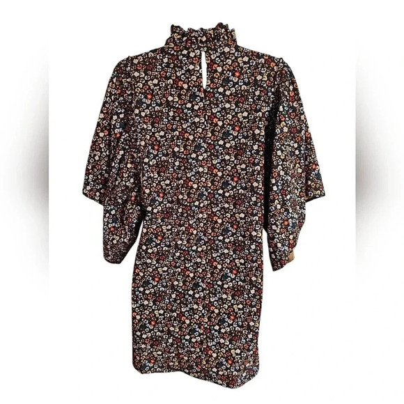 Zara Black Floral Mini Dress Bell Sleeves Ruffle Neck Cottagecore Boho Size S - Picture 3 of 7